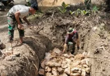 Babinsa Gotong Royong Bangun Jembatan Merah Putih Bombana