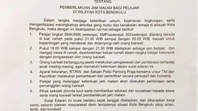 Pemkot Bengkulu Resmi Terbitkan SE Jam Malam Bagi Pelajar
