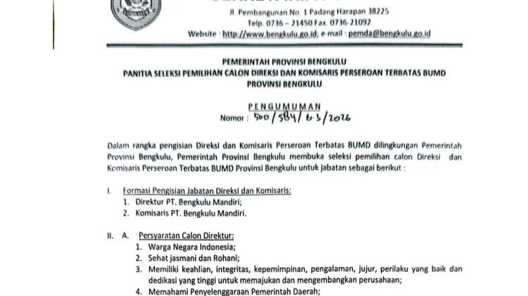 Pemprov Bengkulu Buka Seleksi Terbuka Direksi dan Komisaris PT Bengkulu Mandiri
