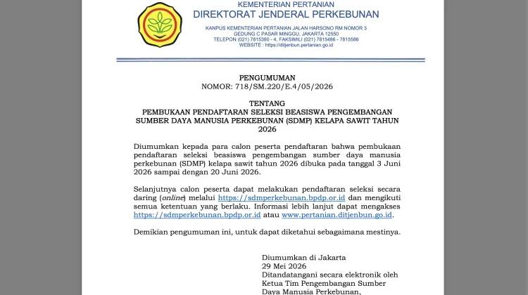 Pendaftaran Beasiswa SDM Sawit 2026 Resmi Dibuka, Kuota Nasional 5.000 Penerima