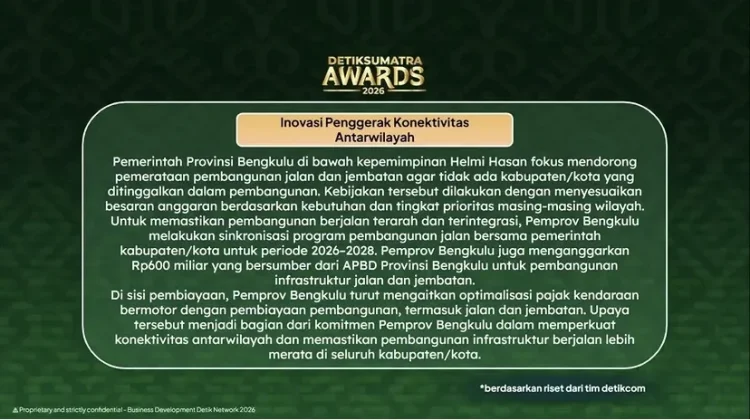 Gubernur Helmi Hasan Raih detikSumatera Awards 2026