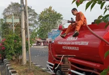 Petugas Damkar Gencarkan Penyiraman Taman Kota