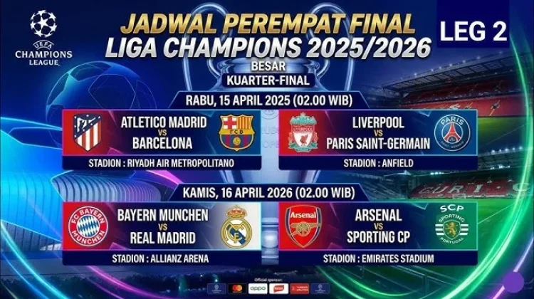 Jadwal Liga Champions, 16 April 2026: Bayern vs Madrid, Arsenal vs Sporting CP