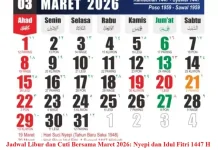 Kalender Maret 2026: Daftar Tanggal Merah, Cuti Bersama, dan Libur Lebaran