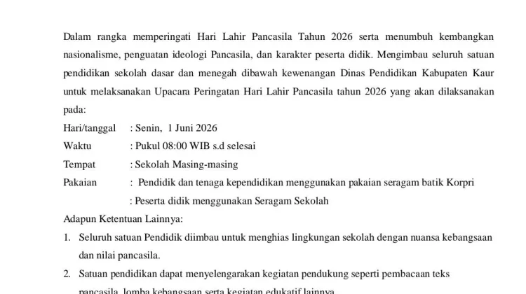 Dispendikbud Kaur Himbau Sekolah Laksanakan Upacara Hari Pancasila