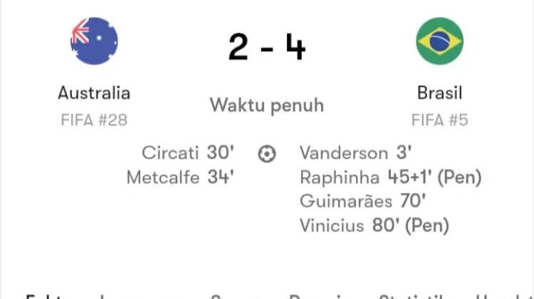 Brazil Tundukkan Australia 4-2 di Suncorp Stadium dalam FIFA Matchday