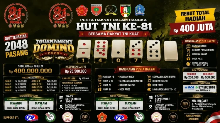 Sambut HUT TNI ke-81, Kodim Bone Gelar Turnamen Domino Berhadiah Rp400 Juta