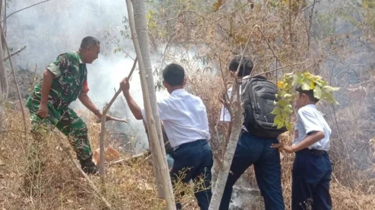 Koramil Lalabata Bersama Warga Padamkan Kebakaran di Lahan Ompo
