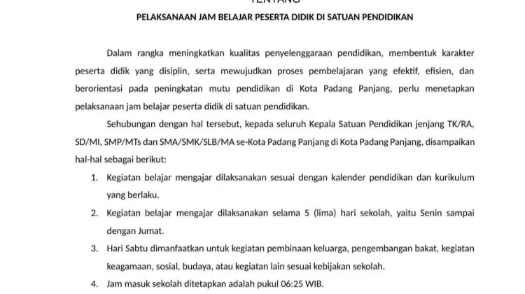 Wako Padang Panjang Tetapkan Jam Masuk Sekolah Pukul 06.25 WIB