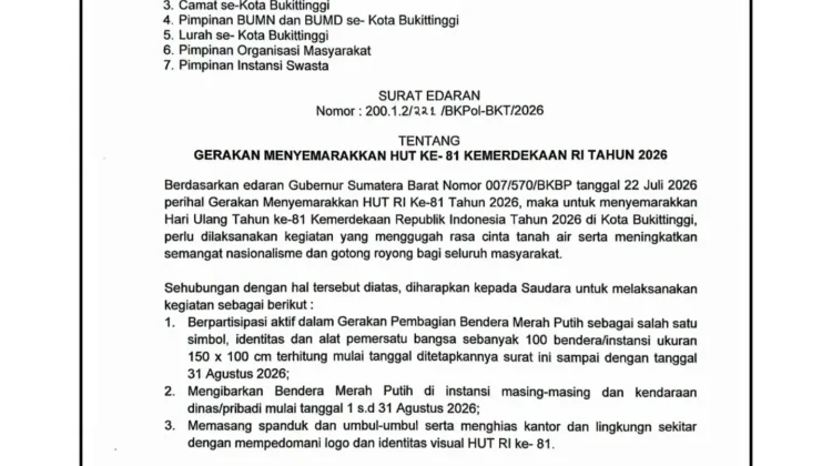 Wali Kota Bukittinggi Ajak Semarakkan HUT RI