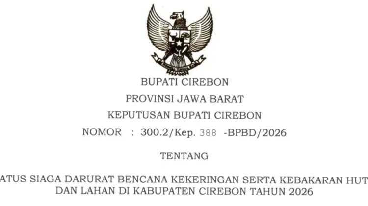Pemkab Cirebon Tetapkan Status Siaga Darurat Bencana Kekeringan - Karhutla 2026