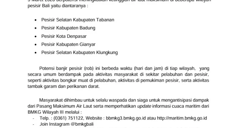 BMKG Keluarkan Peringatan Dini Pasang Maksimum Wilayah Pesisir Bali