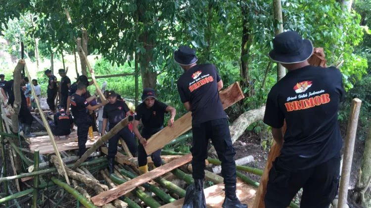 Brimob Labuan Bajo Bantu Warga Mbarata Bangun Jembatan Layak