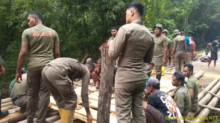 Brimob Ende dan Warga Ngada Bangun Jembatan Darurat Hobotopo