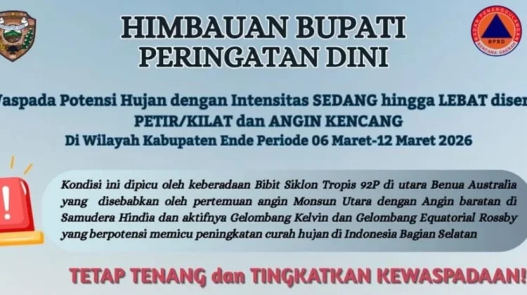 Cuaca Ekstrem Berpotensi Terjadi di Ende hingga 12 Maret