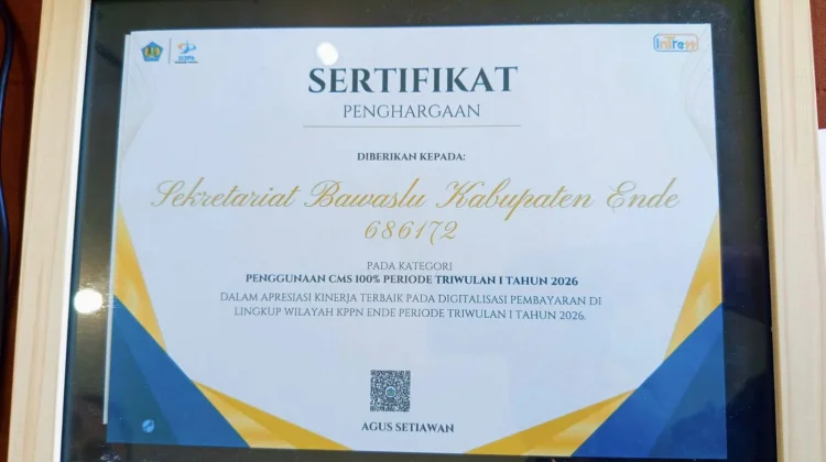 Bawaslu Ende Raih Penghargaan Penggunaan CMS 100 Persen Periode Triwulan I