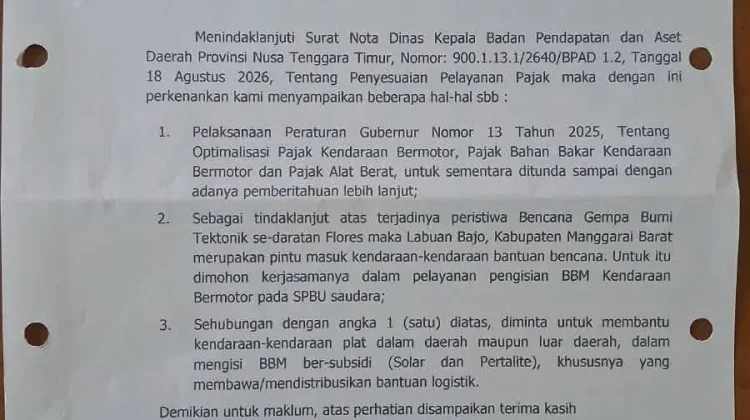 Pemprov NTT Tunda Pergub Pajak, SPBU Prioritaskan BBM Bantuan Gempa