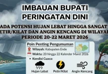 Waspada Hujan Lebat dan Angin Kencang di Ende, Warga Diminta Siaga 20–22 Maret