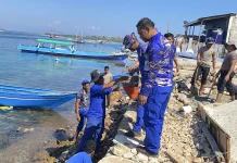 Ditpolairud Polda NTT Bantu Perbaiki Tanggul Rusak akibat Gempa di Pulau Kukusan