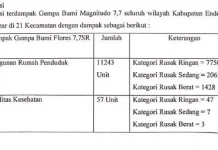 Gempa Flores Rusakkan 11.243 Rumah dan 57 Faskes di Ende