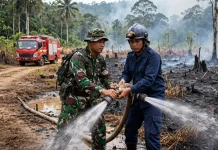 TNI dan Damkar Kolaborasi Tangani Karhutla Sanggau