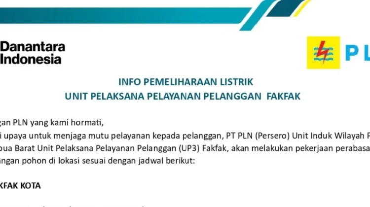 Pemeliharaan Jaringan, PLN UP3 Fakfak Lakukan Pemadaman Listrik Terencana