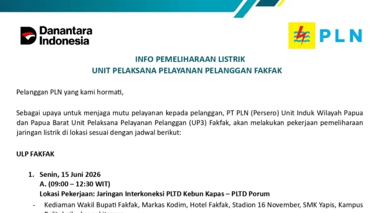 PLN Fakfak Jadwalkan Pemeliharaan Jaringan Listrik di Sejumlah Wilayah