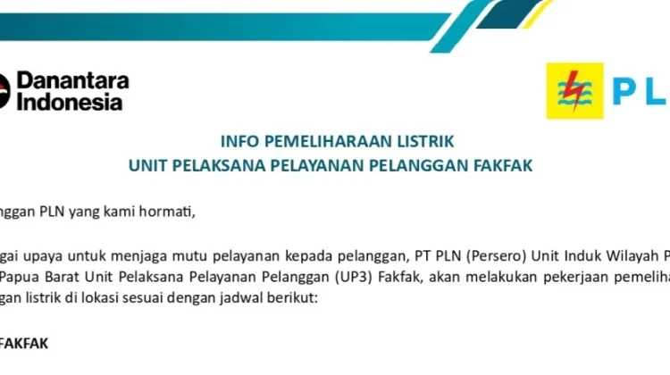 PLN UP3 Fakfak Jadwalkan Pemeliharaan Jaringan Listrik Mulai 17–20 Juni