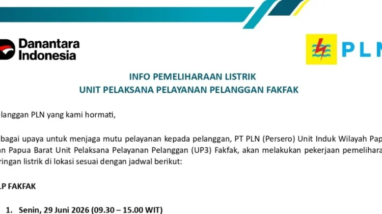 Sejumlah Wilayah Fakfak Alami Pemadaman Listrik Sementara, Ini Jadwalnya