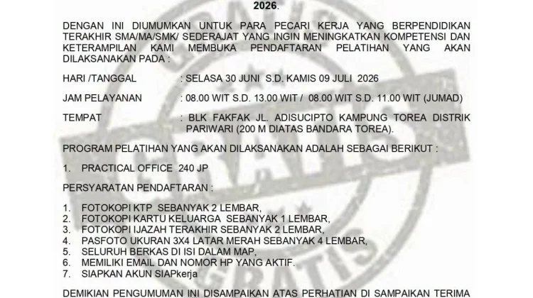 BLK Fakfak Resmi Buka Pelatihan Practical Office Tahun 2026
