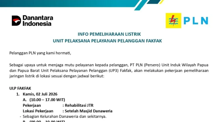 Demi Keandalan Listrik, PLN Jadwalkan Pemeliharaan Jaringan di Fakfak