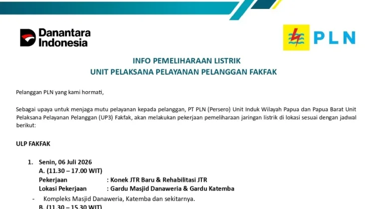 PLN-UP3 Fakfak Jadwalkan Pemeliharaan Jaringan Listrik Mulai 6-11 Juli 2026