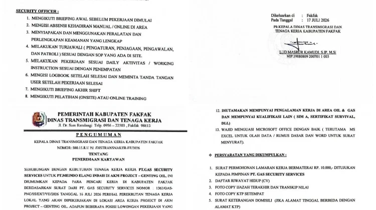 Disnakertrans Fakfak Buka Lowongan Kerja Sektor Pengamanan