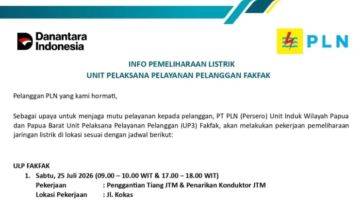 PLN Fakfak Lakukan Pemeliharaan Jaringan, Sejumlah Wilayah Alami Pemadaman