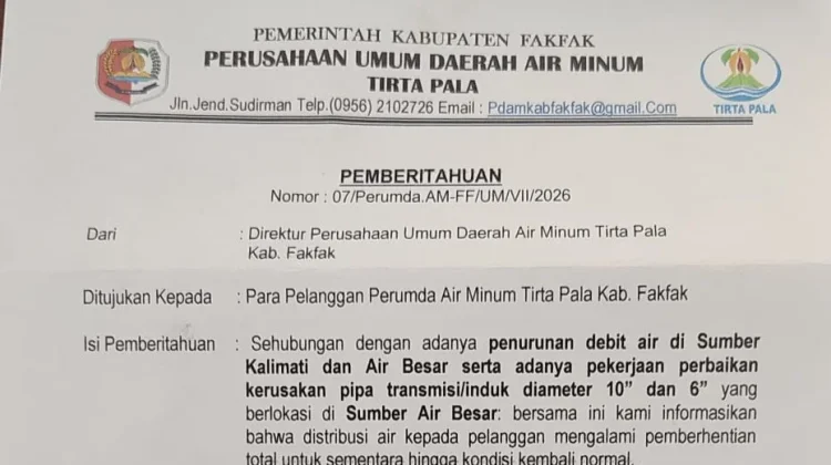 Perumda Tirta Pala Fakfak Hentikan Distribusi Air, Sejumlah Wilayah Terdampak