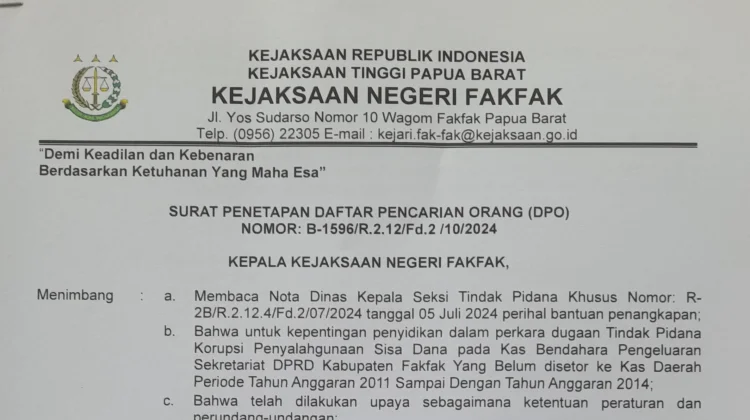 Tersangka Korupsi Dana DPRD Fakfak Masuk Daftar Pencarian Orang