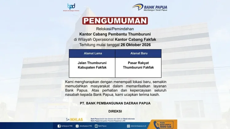 Mulai 26 Oktober, Bank Papua KCP Thumburuni Fakfak Beroperasi di Lokasi Baru