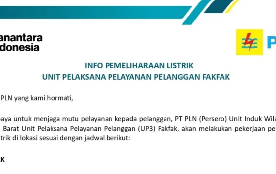 PLN UP3 Fakfak Jadwalkan Pemeliharaan Jaringan Listrik Mulai 17–20 Juni