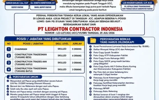 Disnaker Fakfak Buka Lowongan Kerja Lokal Proyek Tangguh UCC