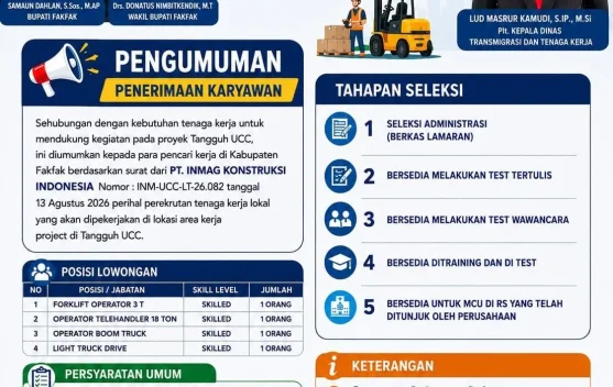 Disnakertrans Fakfak Buka Lowongan kerja proyek Tangguh UCC