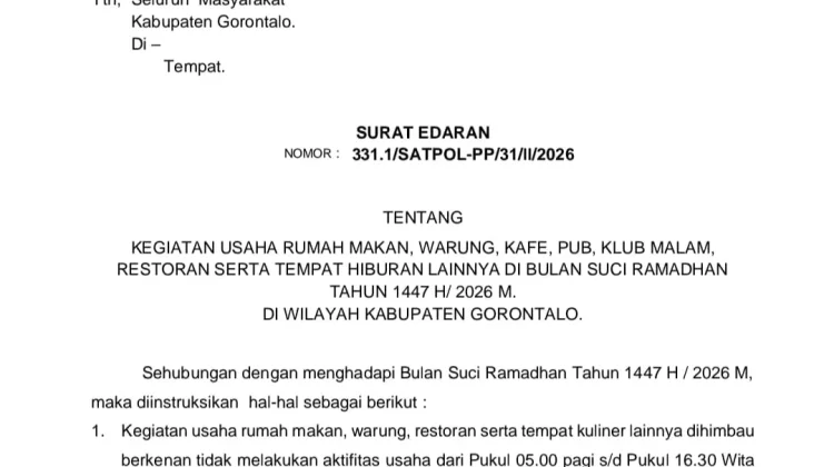 Pemkab Gorontalo Terbitkan Edaran Pembatasan Usaha Selama Ramadhan