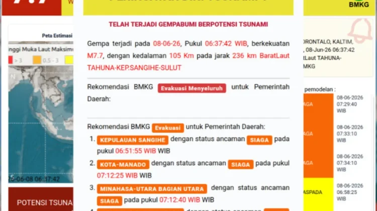 Gempa 7,7 M di Barat Laut Tahuna, BMKG Tetapkan Status Siaga Tsunami