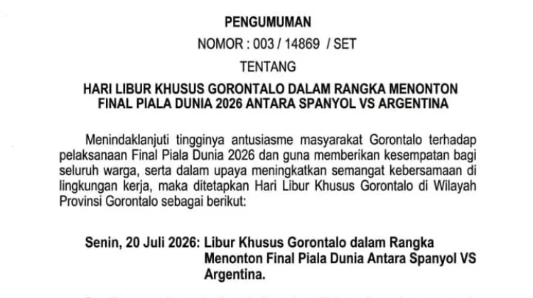 Jubir Gubernur Gorontalo Pastikan Isu Libur Khusus Final Piala Dunia 2026 Hoaks