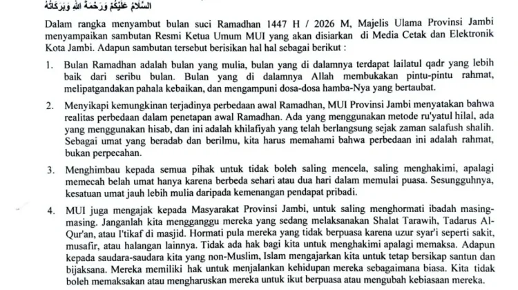 Sambut Ramadhan 1447 H,MUI Jambi Serukan Persatuan dan Toleransi