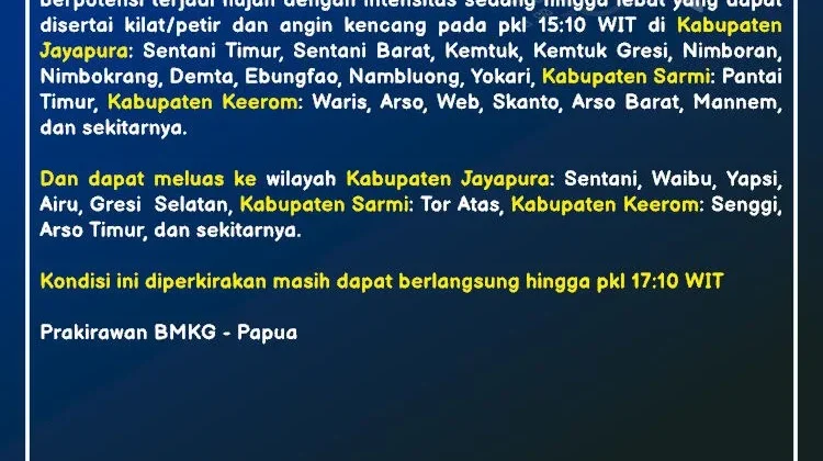 BMKG Peringatkan Potensi Hujan Lebat di Papua