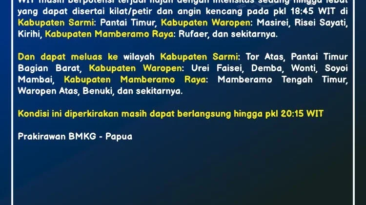 BMKG Peringatkan Hujan Lebat di Sarmi dan Waropen