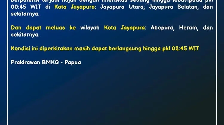 BMKG Keluarkan Peringatan Dini Hujan Lebat di Kota Jayapura