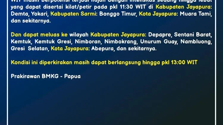 BMKG: Hujan Lebat Ancam Jayapura hingga Siang