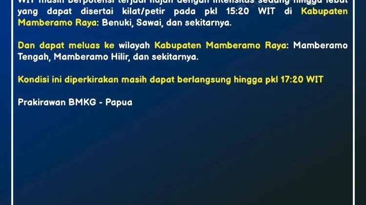 BMKG Keluarkan Peringatan Dini Hujan Lebat di Waropen dan Mamberamo