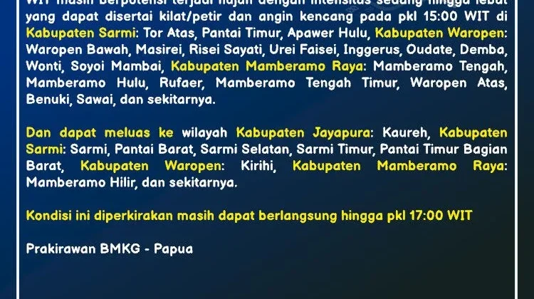 BMKG Perpanjang Waspada Hujan Lebat di Papua